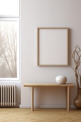 Frame mockup in contemporary minimalist beige room interior, 3d render, Generative AI