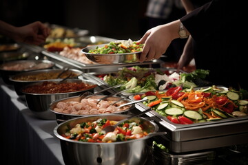 scooping the food, buffet food at restaurant, catering