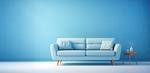 Interior of living room with blue wall and sofa