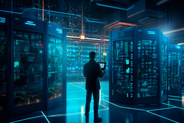 Tecnología digital, red de internet y ciberseguridad . Ingeniero de datos que utiliza la tecnología en una sala de servidores para acceder a los datos que conectan con la base de datos.