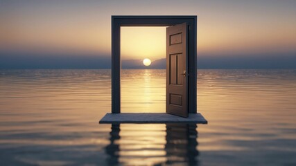 a door opened to a body of water with the sun setting in the background