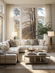 Open space interior with modular sofa, wooden coffee table, big window, patterned pillows, braided plaid, stylish lamp, beige coffee table - 647661818