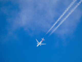 Distant passenger jet plane flying on high altitude on clear blue sky leaving white smoke trace of contrail behind. Air transportation concept.