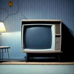Old, retro tv in empty room at night with copy space.
retro tv set. ai generative contente.