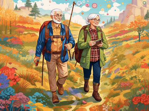 old happy couple hiking grandfather senior trekking walking elderly active. Generative AI.