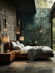Luxurious scandinavian bedroom with wood and stone finishes, LED lights, bed covers and premium rugs. Designer bedroom