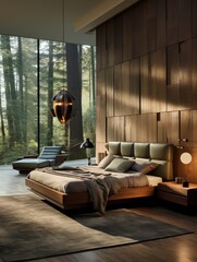 Luxurious scandinavian bedroom with wood and stone finishes, LED lights, bed covers and premium rugs. Designer bedroom