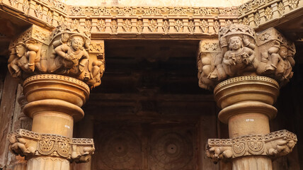 Carving of Kichak on the Pillars of  Neelkanth Mahadev Temple, Kalinjar Fort, Uttar Pradesh, India.