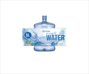 Realistic vector illustration of a beverage promotion featuring a mineral water bottle label, plastic flask with pure drink, and blank label floating on a white background.