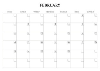 Monthly calendar dated February 2024 year. Vector illustration
