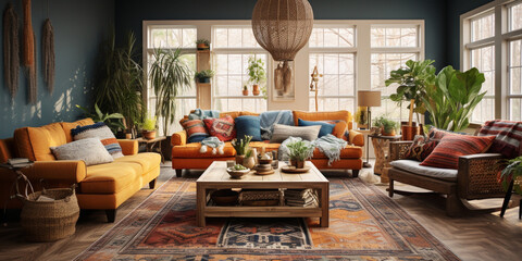 Furnished Modern Living room, bohemian inspired interior design - obrazy, fototapety, plakaty