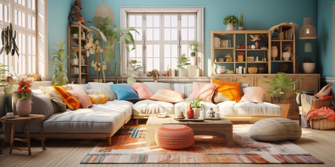 Furnished Modern Living room, bohemian inspired interior design