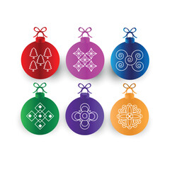 Christmas balls set. Collection of realistic holographic Christmas balls with different patterns