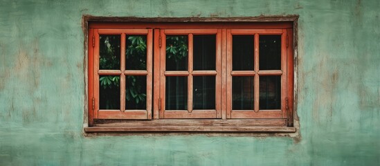 Architecture concept of an old building with antique green wood window red roof tiles and ancient brown interior and exterior