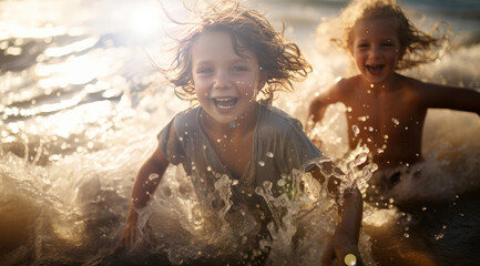 Two kids having fun on the beach at sunset. They are splashing water and laughing.