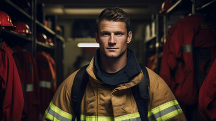 Fototapeta premium Portrait of young firefighter standing in locker room. Search and rescue safety concept
