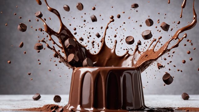 Photorealistic chocolate splash background. Generated with AI