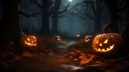a group of small pumpkins in a dark forest