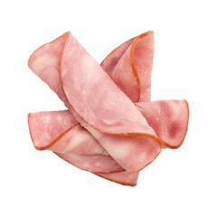 round pieces of ham isolated on white background, three pieces of pork ham cut into slices laid out...