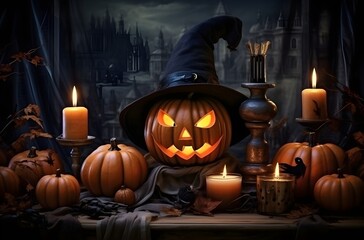 halloween pumpkin lit up with candles on the table