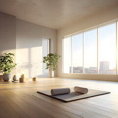 Fototapeta na wymiar Minimal apartment's room with beautiful view and yoga mat on the floor