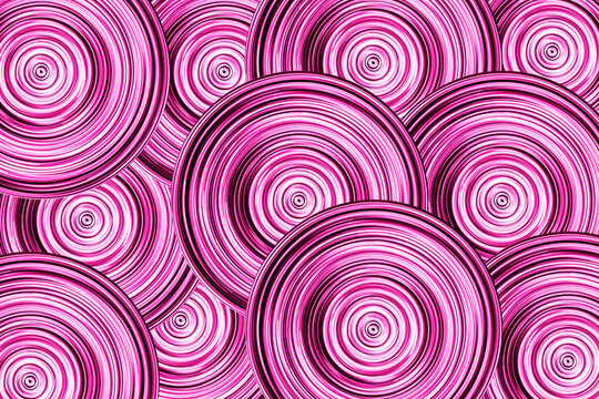Round circle background. Retro vinyl disco backdrop. Rotate graphic design. Spinning neon lights texture. Pink disc pattern. Vibrant color rotation photo. Pop culture.