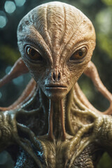 a close up of a alien with a tree in the background - obrazy, fototapety, plakaty