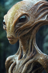 a close up of a statue of an alien with a surprised look on its face and eyes - obrazy, fototapety, plakaty