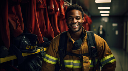Fototapeta na wymiar Portrait of black firefighter standing in locker room. Search and rescue safety concept