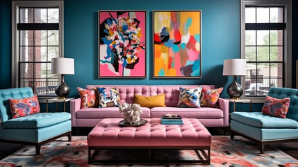 Furnished Modern Living room, bright blue and pink color palette, interior design