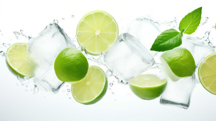 Flying Limes with ices and mint leaves on a white background. tinting. selective focus