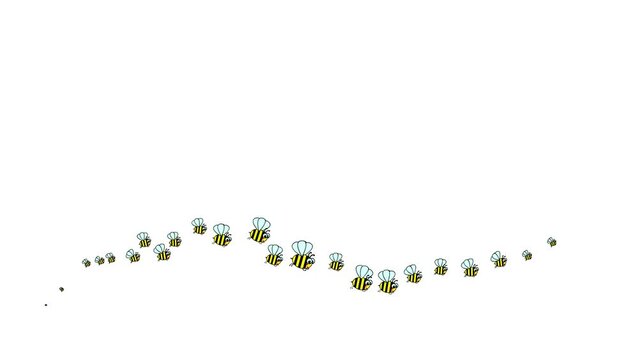 Animated funny symbol of flying bees. A wave of insects. Icons of bee fly from left to right. Looped video. Flat vector illustration isolated on a white background.