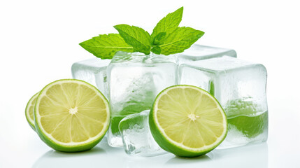 Lime, mint and ice cube on a white background..