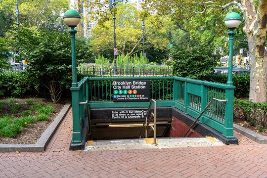New York, NY, USA - August 13th, 2023 - New York city Subway Entrance Brooklyn Bridge City Hall Station. High quality photo of the 4,5,6,j and Z subway lines.