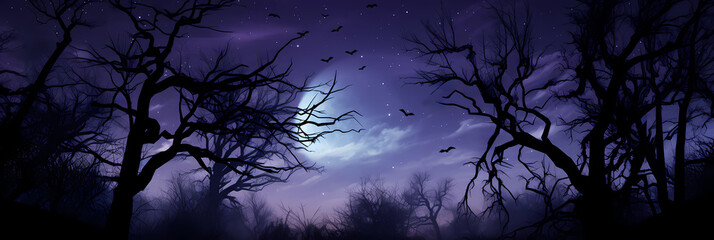 Mystical night Halloween illustration. Ancient scary forest. Moonlit sky with silhouettes of bats. Horror scene. Creative background for banner,  advertising, flyer, website, poster with copy space