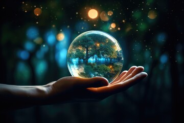 human hand hold a glass ball magic future