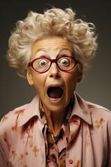 Expressively unique elderly woman, wide-eyed in disbelief, accentuated by a stark neutral background. Perfect blend of eccentricity and avant-garde creativity.