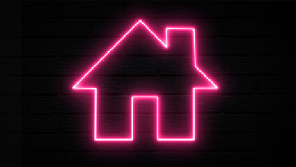 Glowing purple neon home icon, shiny symbol. Glowing effect signboard. Glowing purple neon light on a brick wall. Neon home panoramic. Social media communication concept