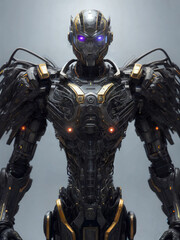 Cyborg android humanoid with glowing eyes against a bright explosive background. Futuristic character design,