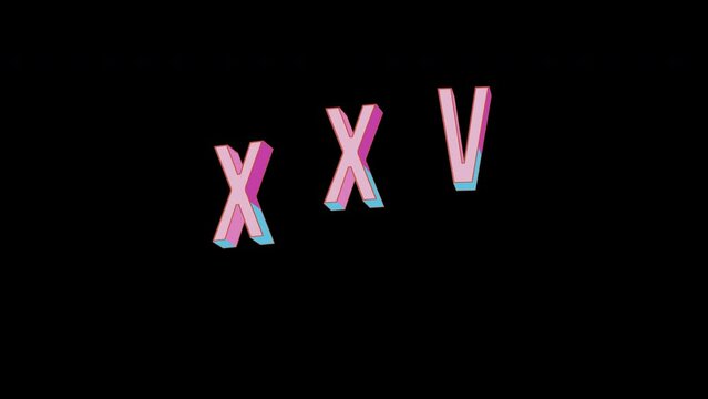 Bright letters jump merrily in the inscription XXV Roman numerals. Retro. Alpha channel black. In-Out looped. Alpha BW at the end. Looped from frame 120 to 240, Alpha BW at the end