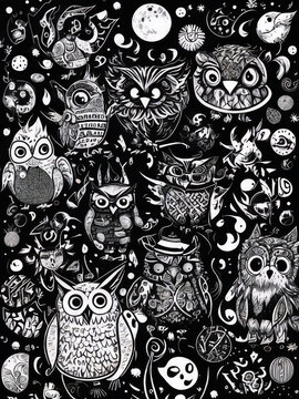 Various owls birds doodle set. Collection of hand drawn cute owls night birds of various shapes and sizes showing faces
