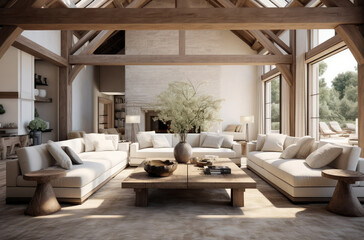 Fototapeta na wymiar white living room in spain with wooden floors and wooden beams
