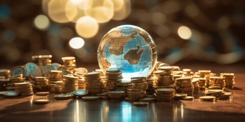 Financial World in a Glass Globe, Surrounded by Golden Coins against a Chalkboard Background, Symbolizing Global Networking, Money Flows, and the Interconnected Financial Ecosystem - obrazy, fototapety, plakaty