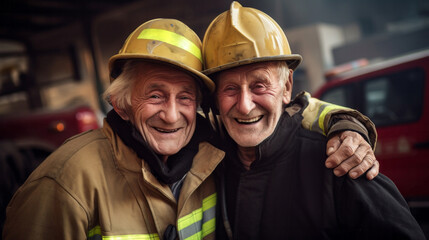 Happy senior firefighter with partner. Service, brave rescue, retirement concept