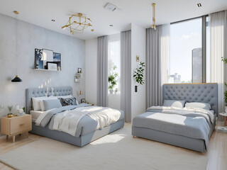 Design interior of contemporary room with comfortable two bed