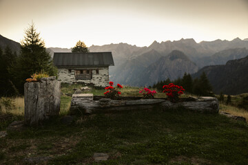 summer sunrise at Capanna Bovarina in Valle di Campo, Ticino