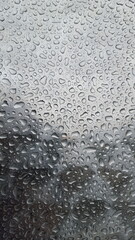 Glistening, perfectly round raindrops cling to the window, magnifying the world beyond in distorted beauty.