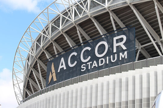 Sydney, NSW Australia - September 2 2023: Large signage on the Accor Stadium. Stadium Australia