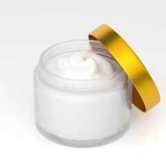 Transparent glass jar with cream for branding and promotion. Isolated on white background. 3d render. Product design