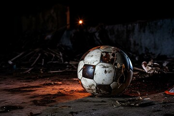 Shining football rests on concrete amid darkness. Generative AI